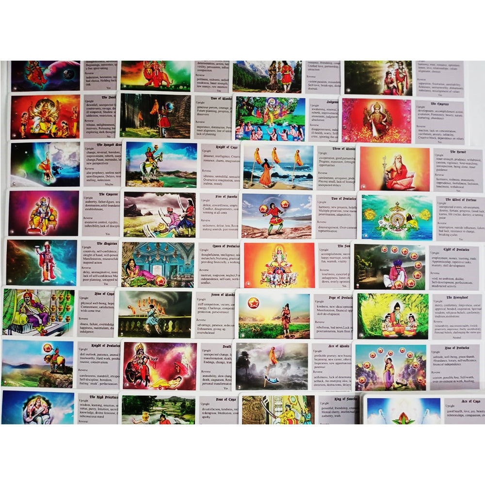 प्राचीन भारतीय टैरो कार्ड्स, 78 कार्ड्स डेक, भविष्यवाणी कार्ड वरच सोप्या इंग्रजीत प्रिंट, हिंदू संस्कृती अनुसार सुंदर चित्र, नवशिक्या पासून ते एक्स्पर्ट पर्यंत सर्व धर्मियांसाठी, 15 x 6 सेमी साईज mini tarot deck